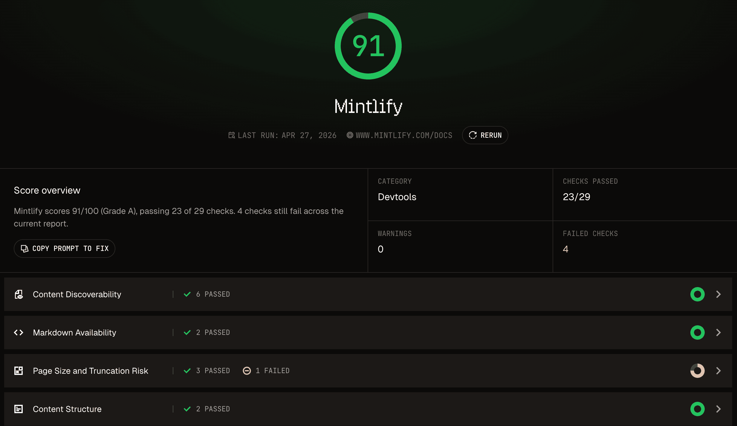Agent score dashboard showing checks and scores
