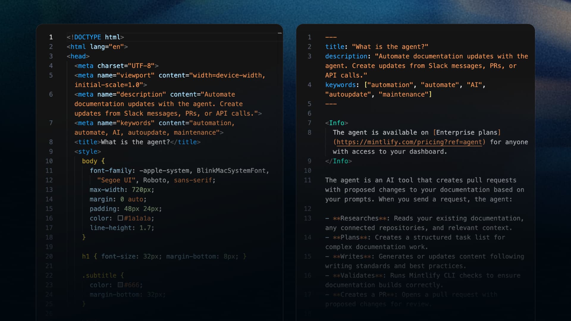 A comparison of an HTML page to an MDX page to demonstrate differences in content negotiation