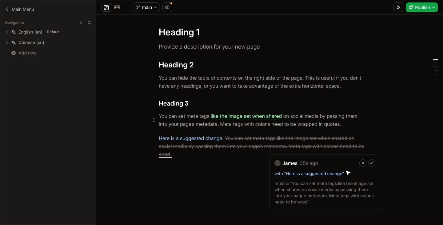 Suggesting mode in the Mintlify web editor with proposed changes highlighted